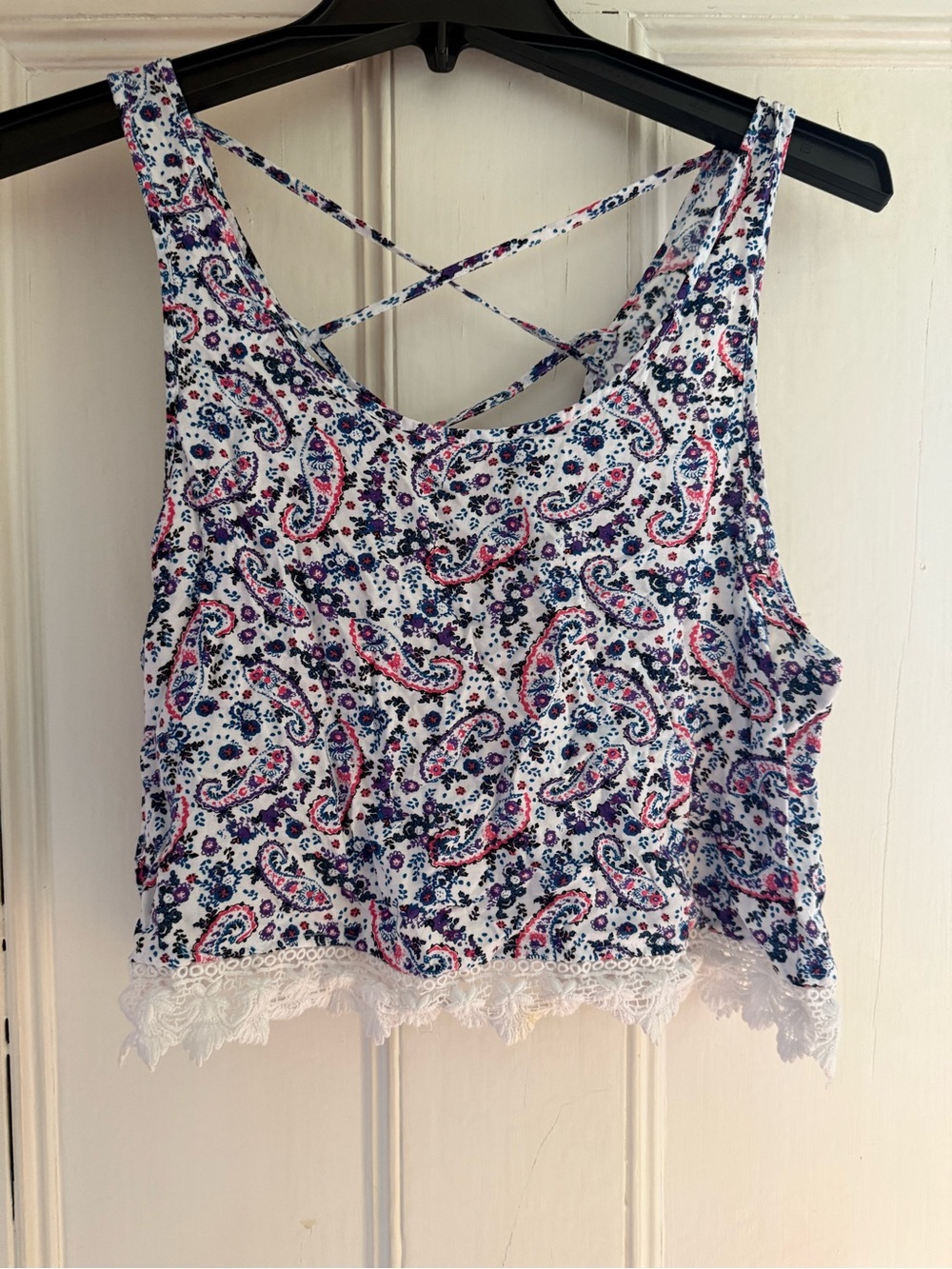 Arizona Jean Company White Paisley Lace-Hem Crop Tank with Crisscross Back